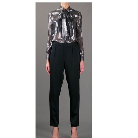 SAINT Laurent YSL Bow Neck Tie Metallic Silk Silver Collared Blouse Top Size 6 - Picture 7 of 14